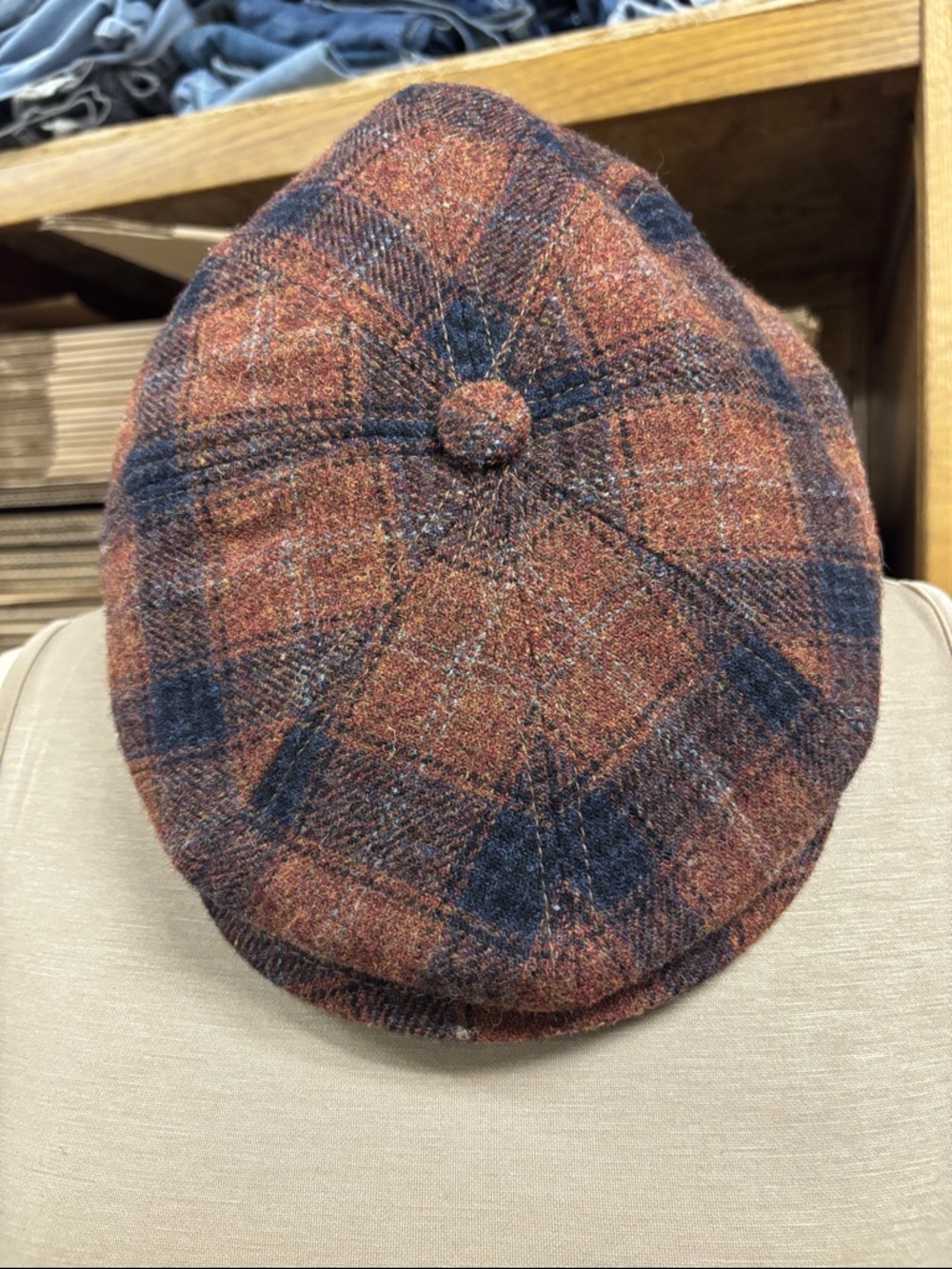 Men's Plaid Wool Newsboy Cap in Brown & Navy